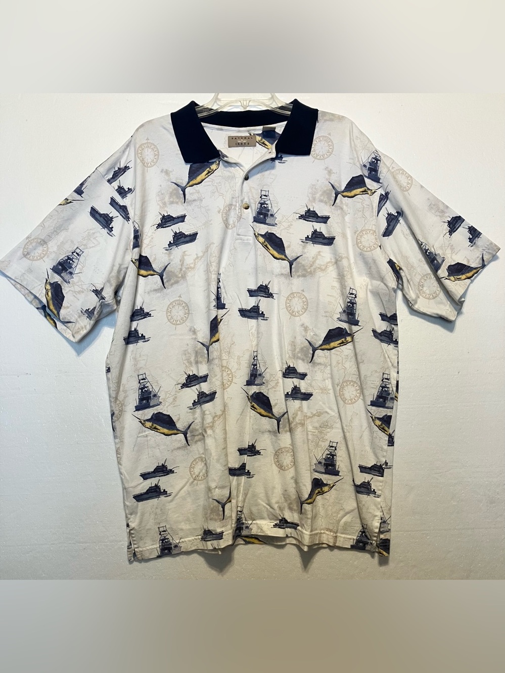 Men's Nautical Print Polo Shirt in White with Navy Collar